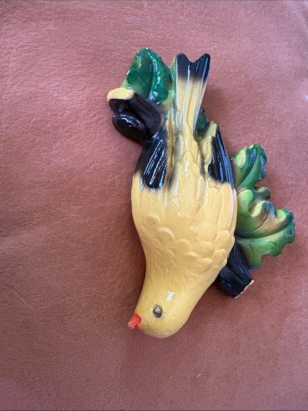 Yellow Ceramic Bird Wall Accent with Green Leaves-Vintage